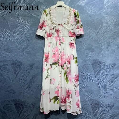 Seifrmann New 2021 Summer Women Fashion Designer A-Line Dress High Waist Lantern Sleeve Crystal Print Ladies Party Long Dresses