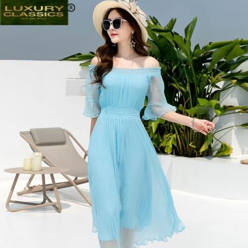 Summer 100% Real Silk Dress Women Clothes 2021 Boho Vintage Off Shoulder Maxi Dresses Woman Beach Party Vestidos 19831