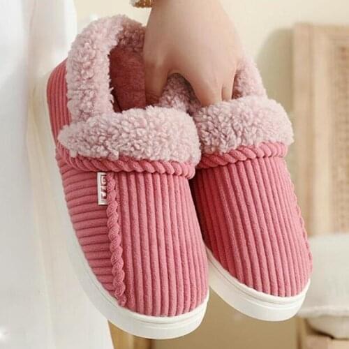 Winter Womens Home Shoes 2021 Cotton Slippers for Female Thick Bottom Keep Warm Striped Non-slip House Leisure Couple Footwear