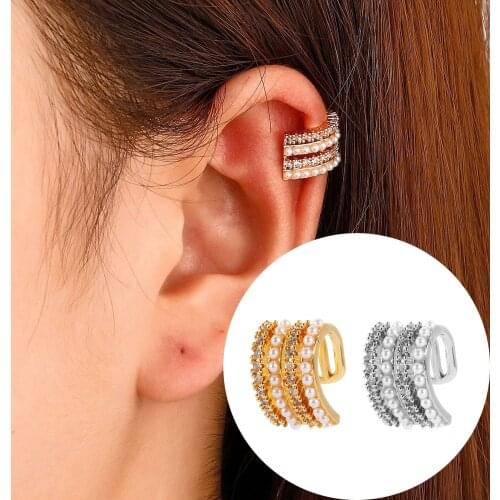 Gold Silver Color Multilayer Pearl Ear Cuff Pave Cz Zircon No Hole Non-pieced No Piercing Small Sized Girl Clip Earring Jewelry