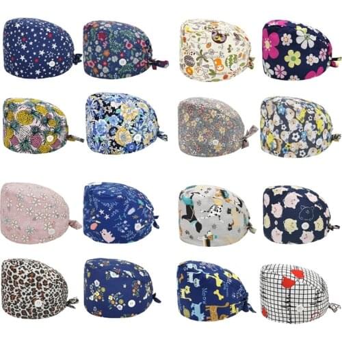 4 Pieces Cartoon Animal Floral Printed Adjustable Working Cap with Buttons Sweatband Unisex Tie Back Bouffant Scrub Hat