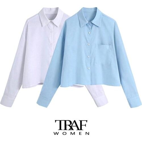 TRAF Za Women Fashion With Pockets Oversized Blouses Vintage Long Sleeve Button-up Female Shirts Chic Tops