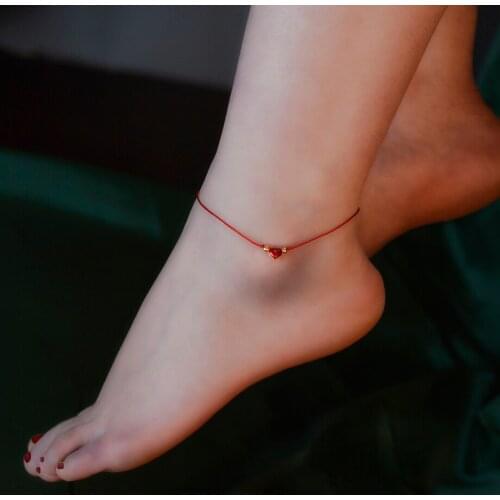 NYMPH Real 24K Gold Anklet Pure 999 Heart Pendant 18K Gold Ball Hand Woven Adjustable Red Rope for Women Fine Jewelry Gift S527