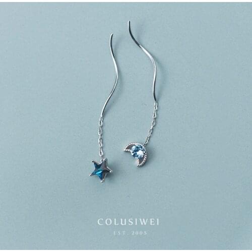 Colusiwei Luxury 925 Sterling Silver Blue Stars Moon Long Tassel AAA Zircon Drop Earrings for Women Sterling Silver Jewelry