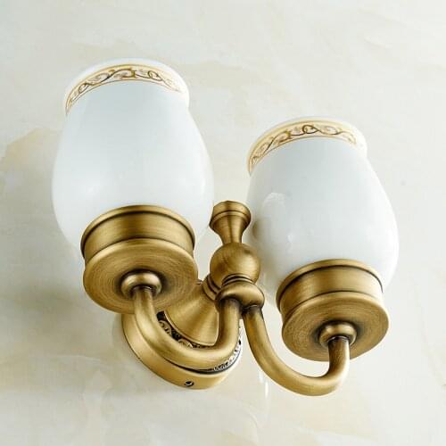 Cup & Tumbler Holders Retro Style Brass Antique Bronze Toothbrush Holder Cup Double Ceramic Cup Holder Wall Mounted DG-8303F