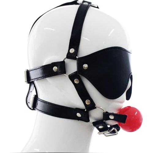 PU Leather Head Harness with Blindfold & Solid Silicon Muzzle Ball Gag Straped on Mouth Restraint Bondage Fetish Adult Toy