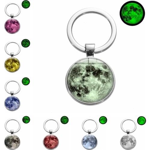 Hot Luminous Full Moon Keychain Multicolor Galaxy Planet Glow In The Dark Glass Crystal Key Ring Fashion Handmade Trinket