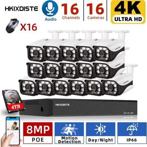 HKIXDISTE H.265 16CH 8MP AI Home 4K POE NVR Kit 48V 8MP security Vandalproof Audio POE Camera System Video Surveillance Kit 4TB