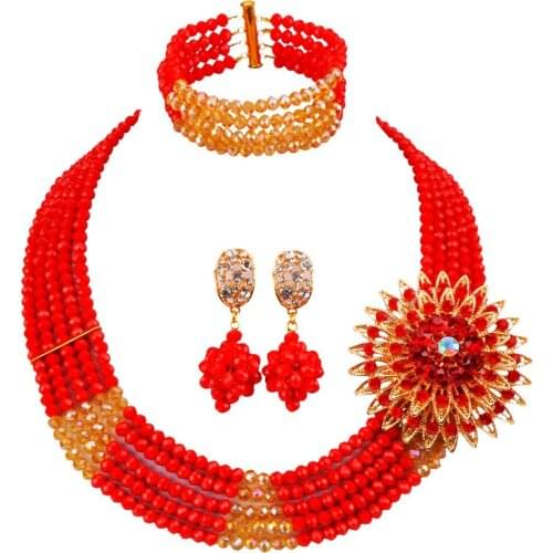 Opaque Red and Gold AB African Wedding Beads Crystal Beaded Necklace Costume Jewelry Sets for Women 3JK07