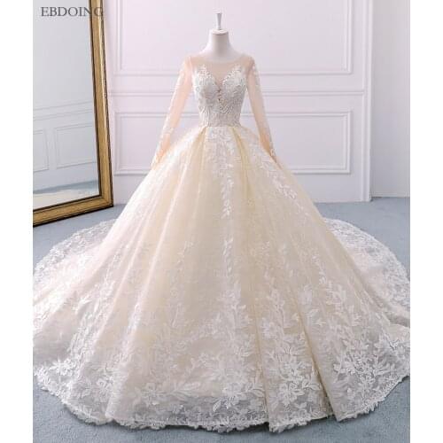 New Arrive Champagne Ball Gown Wedding Dress Scoop Neckline Full Sleeves Chapel Train With Lace Beaded Vestidos De Novia