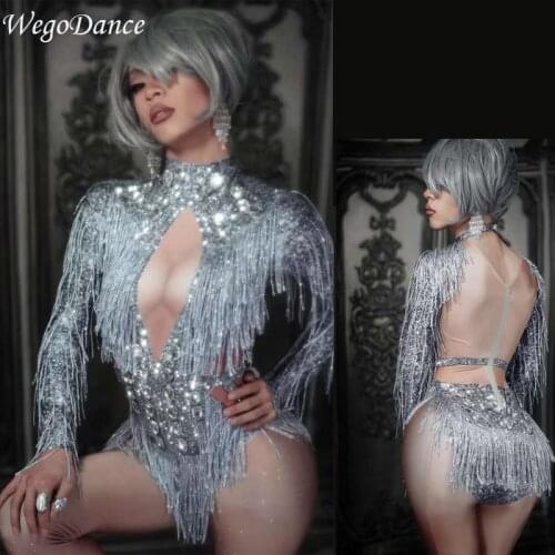 New Sparkly Silver Crystals Fringes Dance Costume Rhinestones Gloves Tassel Bodysuit Party Stage Wear Dance Show Sexy Leotard