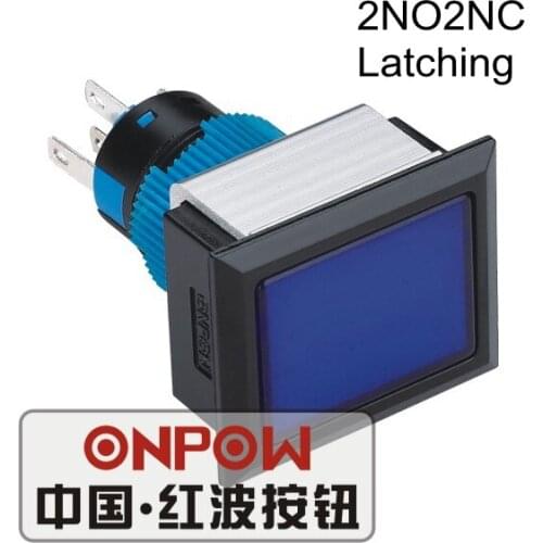 ONPOW 22mm Latching 2NO2NC LED illuminated Black case Rectangle Plastic push button switch (LAS1-APJ-22Z/B/12V) CE, UL, ROHS