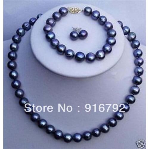 Wholesale free shipping >>>>>7-8MM black real saltwater Pearl Earring bracelet necklace set