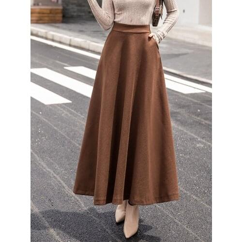 Autumn Winter Solid Elegant Long Skirt For Women High Waist A-Line Vintage Back Elastic Wasit Womens Wool Skirt Black Khaki