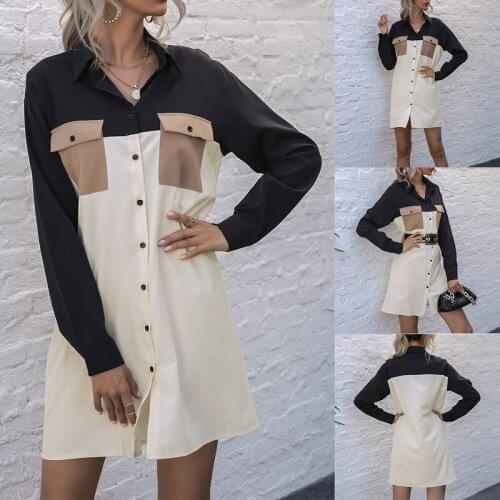 Hot Kf-Womens Contrast Color Fashion Shirt Long-Sleeve Pocket Mid-Length Casual Shirt Stitching Shirt Dress