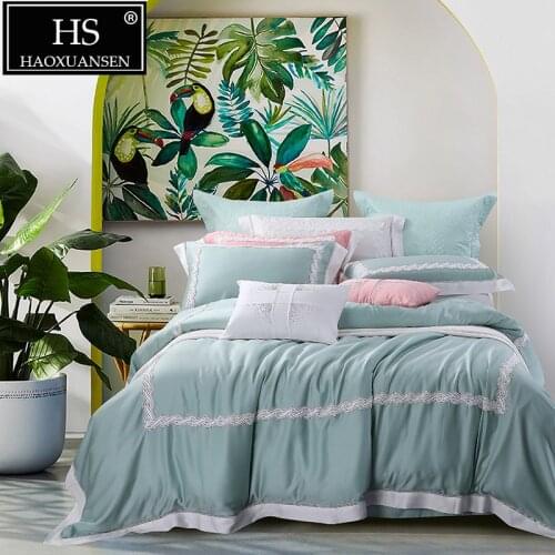 Luxury Green 100% Tencel Lyocell Lace 4 Piece Bedding Sets 650 Thread Count Double Sheets Set Queen King Size Home Textiles