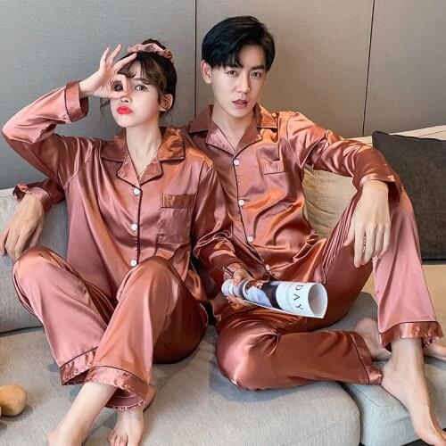 Silk Couples Pajamas Set Long Sleeve Luxury Solid Shiny Pajama Women Oversized Mens Sleepwear Nightgown Spring Home Clothing