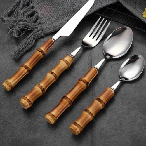 Bamboo Handle Tableware with Steak Knives Cutlery Steel Flatware Cutlery Forks Spoons Knives for Kitchen Dinner Supplies