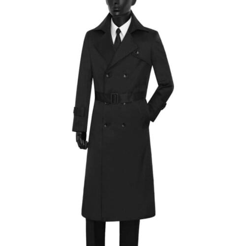 Slim mens long trench coats black belt spring autumn man double breasted long coat men clothes casual overcoat long sleeve 9XL