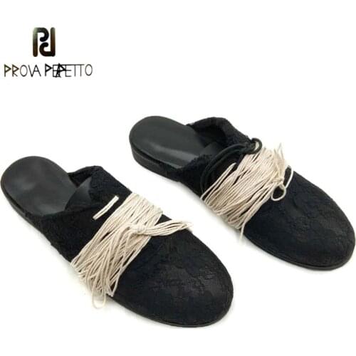 Dark Style Retro Lace Half Slippers Spring and Summer Strap Soft Leather Round Toe Thick Heel Handmade Muller Shoes