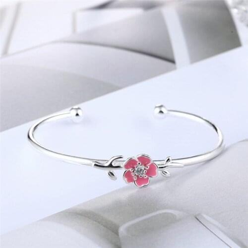 Cherry Blossoms Branch Cute 925 Sterling Silver Temperament Personality Fashion Female Trendy Resizable Opening Bangles SBR003