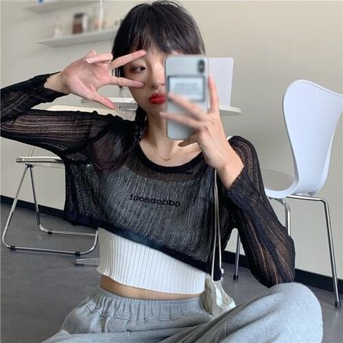 Women See-through Long-sleeved Sunscreen Tshirt Long Sleeve Streetwear Summer Autumn Tee Tops