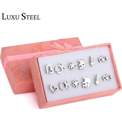 LUXUSTEEL 6Pairs/Box Monday to Saturday Mixed Style Earring Sets Flower/Elephant/Fish/Heart Stud Earrings Female Collier