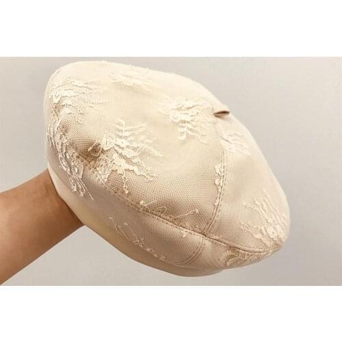 2020 New Stylish Lace Beret Cap for Women Casual Faux PU Leather Hat Girls Autumn Winter Retro Beanie Caps French Artist Warmer