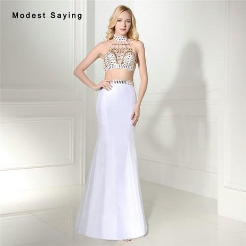 Elegant White and Gold Mermaid High Neck Crop Top Beaded Prom Dresses 2017 with Rhinestone Party Prom Gowns vestido de formatura