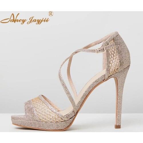 Gold Glitter Stilettos with Platform Sandals Luxury Cross Straps 12cm High Heels Mesh Design Peep Toe Party Shoes Women 2019