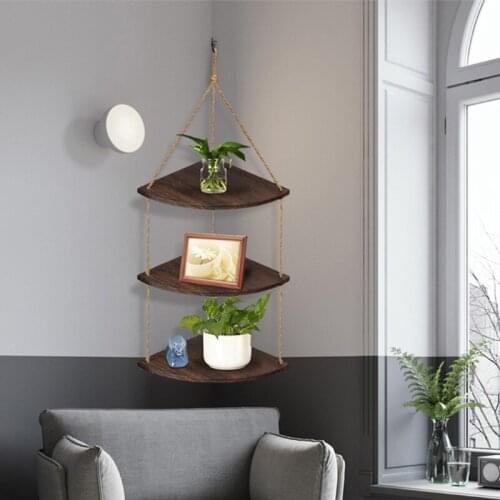 203F Hanging Corner Shelf 3 Tier Jute Rope Wood Wall Floating Shelves Rustic Storage