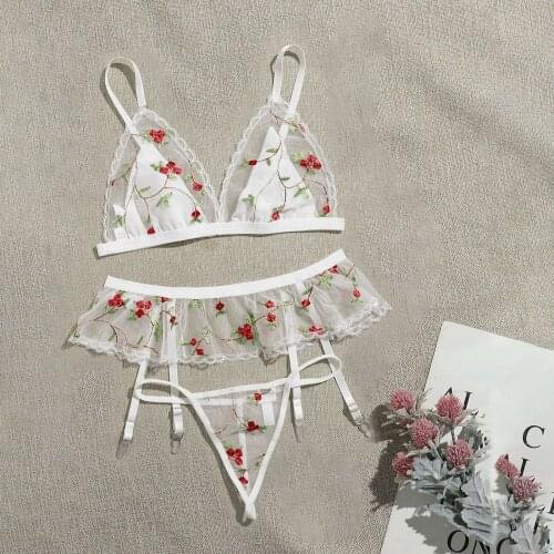 3pcs Underwear Set White Sexy Floral Lace Embroidery Bra Sets Bow Tie Sleepwear Bielizna Damska Lingerie Fashion New Lenceria #3