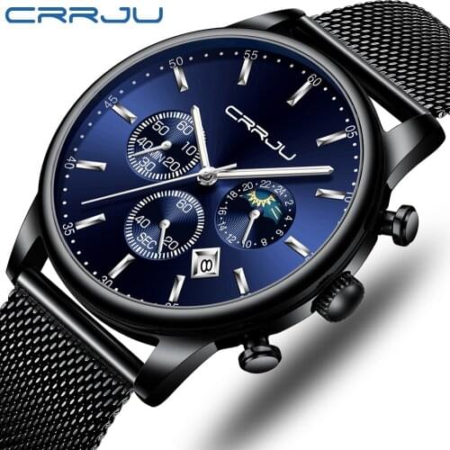 Relogio Masculion CRRJU Men Top Luxury Brand Military Sport Watch Mens Quartz Clock Male Full Steel Casual Business Male Clock