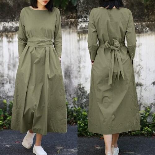 ZANZEA Elegant Womens Long Sleeve Sundress 2021 Autumn Casual Solid Maxi Dress Female Party Vestidos Kaftan Robe 7