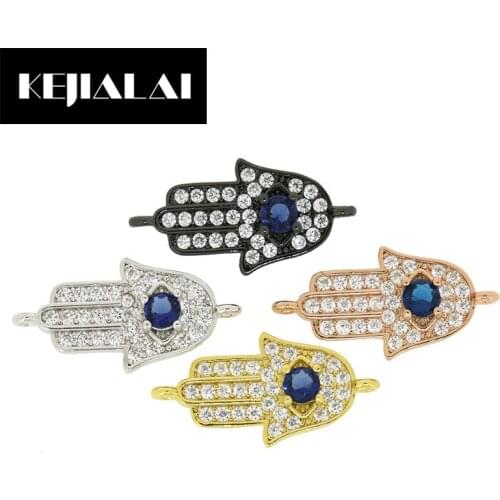 KEJIALAI Hamsa Hand Charm Connector for Jewelry Making DIY Bracelet Gold Color Accessories Pave with Full Cubic Zirconia Crystal