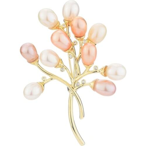 Copper Inlaid Zircon Freshwater Pearl Tree-shape Delicate Brooch All-match Clothing Jewelry Accessories New Trendy Creative Gift