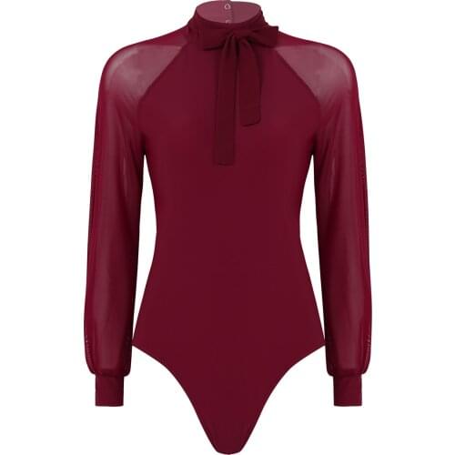 Fashion Women Mock Neck Mesh Long Sleeves Ballet Dancewear Gymnastics Leotard Workout Bodysuit Stage Performance Dance Costume
