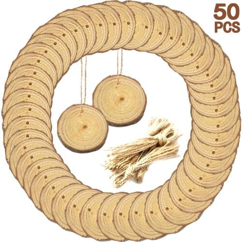 50x Unpainted Round Wooden Pieces Slices Circles Tags Hanging Decorations
