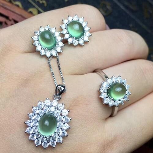 New Arrival Natural Real Prehnite jewelry set 1pc Prehnite ring 1pc Prehnite pendant 1pair stud earring 925 sterling silver