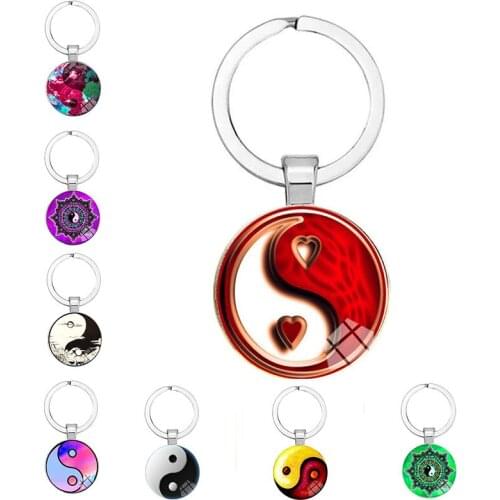 New 25mm Handmade Cool Tai Chi Gossip Charm Glass Cabochon Dome Keychain Fashion Jewelry Keychain MenS Lucky Gift Keychain