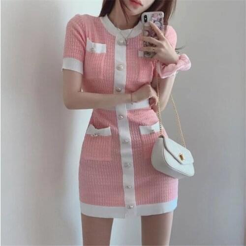 Pink Fragrant Style Button Decoration Contrast Color Slim Knitted Dress