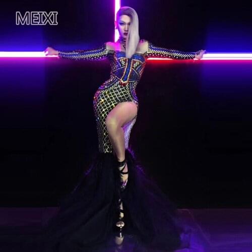 Star sparkling blue cross rhinestone dress series birthday celebration party evening wear concert dance singer costumes