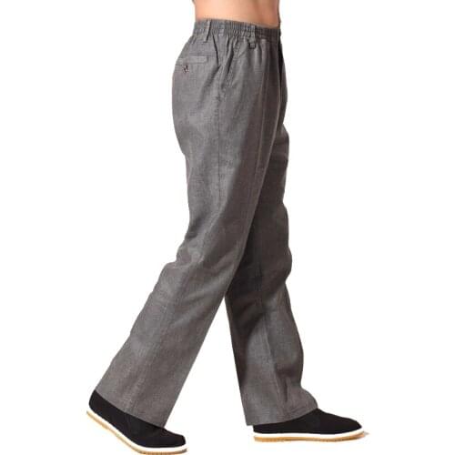 Штаны High Quality Gray Chinese Mens Kung Fu Trousers Cotton Linen Pants Wu Shu Clothing With Pocket new hot sale