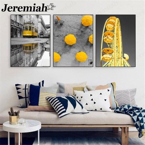 Nordic Gray City Landscape Canvas Painting Yellow Umbrella Tram Ferris Wheel Poster Wall Art Modern Home Decoration Accessories