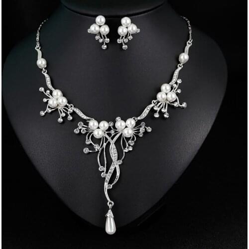 Rhinestone Faux Pearl Flower Necklace Earrings Women Wedding Jewelry Set chic