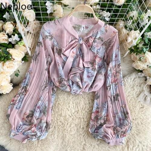 Neploe Floral Women Blouses Bow Tie Collar Lantern Long Sleeve Blusas Mujer Shirt 2021 Summer Korean Elegant Woman Chiffon Tops