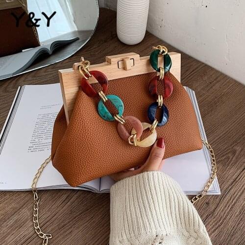 Y&Y Female Pu Bags Shoulder Bags Simple Fashion Chains Package Women Small Flap Bags Luxury Handbags Designer Wooden Handle