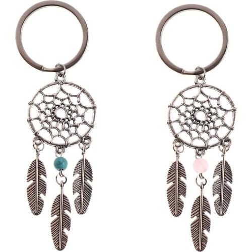 Jewelry Gift Vintage Pink Blue Beads Dreamcatcher Feather Wind Chimes Dream Catcher Key Chain Women Indian Style Keychain