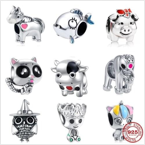 925 Sterling Silver Bead Charm Shiny Owl Cow Deer Fits Original Pandora Charm Silver 925 Bracelets with DIY Jewelry