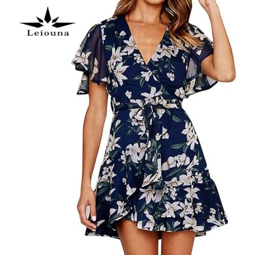Leiouna Hot Sale Chiffon Vintage Printing Flare Sleeve V-neck Lrregular Bandage Women A-line Mini Dress